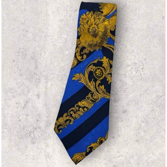 ERVÉ JACQUES Silk Tie ITALY Navy Blue Gold Striped Baroque W:3.8" EUC - Picture 1 of 5